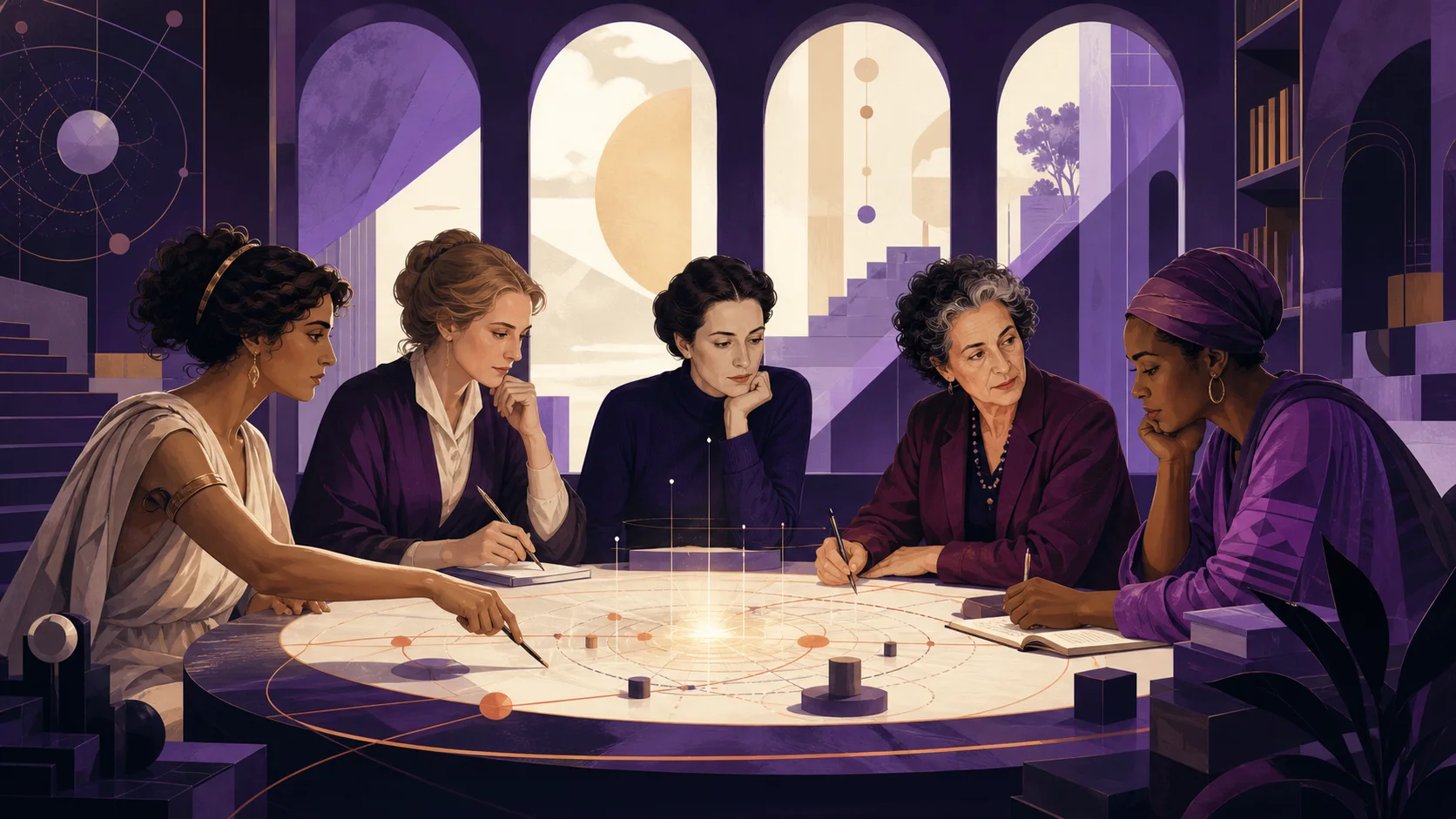 Five women thinkers gather around an illuminated strategy map in a purple architectural studio.